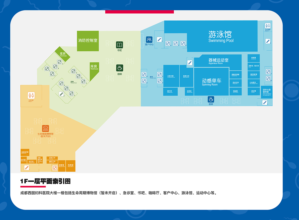 1F一层平面索引图：成都西囡妇科医院一楼包括生命周期博物馆（暂未开启）、急诊室、书吧、咖啡厅、客户中心】游泳馆、运动中心等