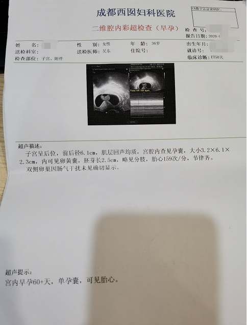 成都西囡妇科医院检验报告单 二维腔内彩超检查（早孕）