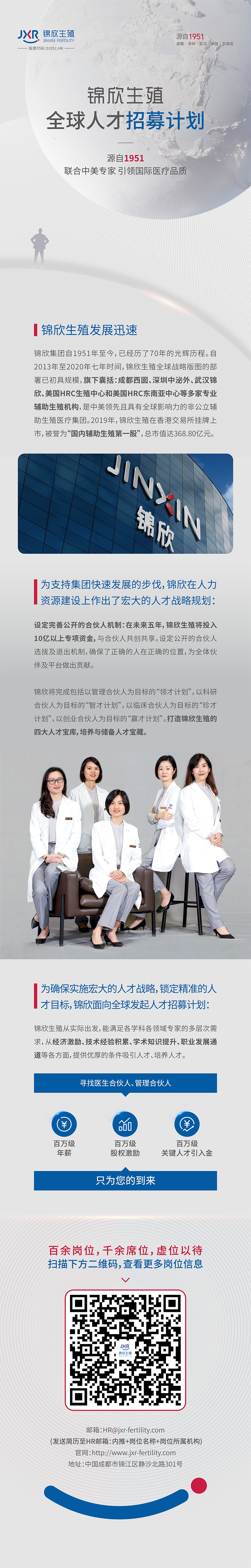 锦欣集团自1951年至今，已经历了70年的光辉历程。自2013年至2020年七年时间，锦欣生殖全球战略版图的部署已初具规模，旗下囊括:成都西囡、深圳中泌外、武汉锦欣、美国HRC生殖中心和美国HRC东南亚中心等多家专业辅助生殖机构，是中美领先且具有全球影响力的非公立辅助生殖医疗集团。2019年，锦欣生殖在香港交易所挂牌上市，被誉为“国内辅助生殖第-股”，总市值达368.80亿元。