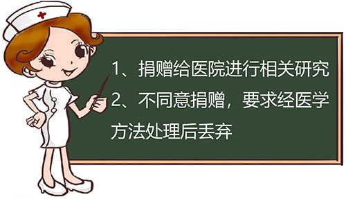 1、捐赠给医院进行相关研究 2、不同意捐赠,要求经医学 方法处理后丢弃