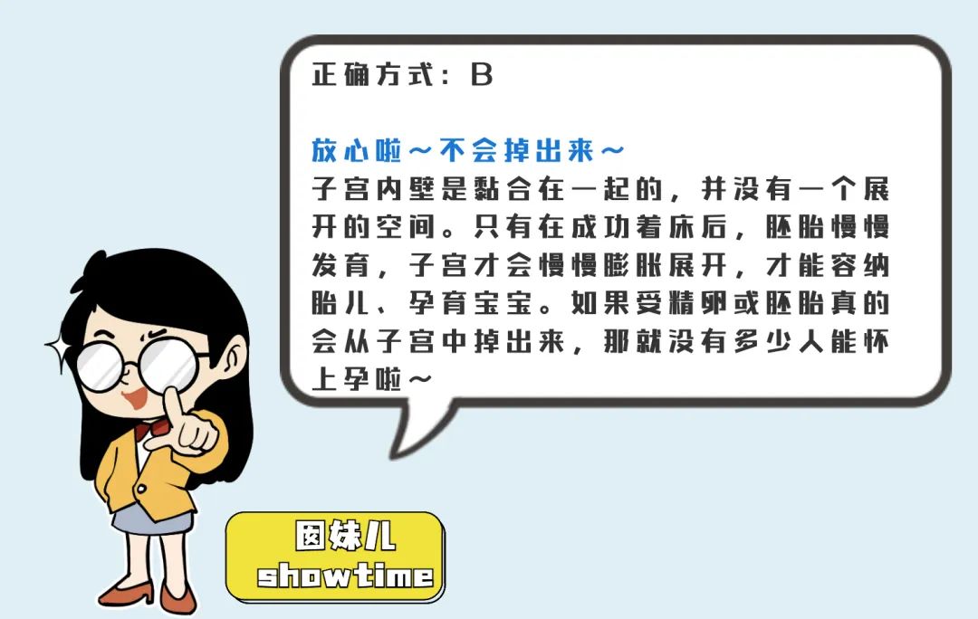 正确方式:B 放心啦～不会掉出来～ 子宫内壁是黏合在一起的，并没有一个展开的空间。只有在成功着床后，胚胎慢慢发育，子宫才会慢慢膨胀展开，才能容纳儿、孕育宝宝。如果受精卵或胚胎真的会丛子宫中掉出来，那就没有多少人能怀上孕啦~