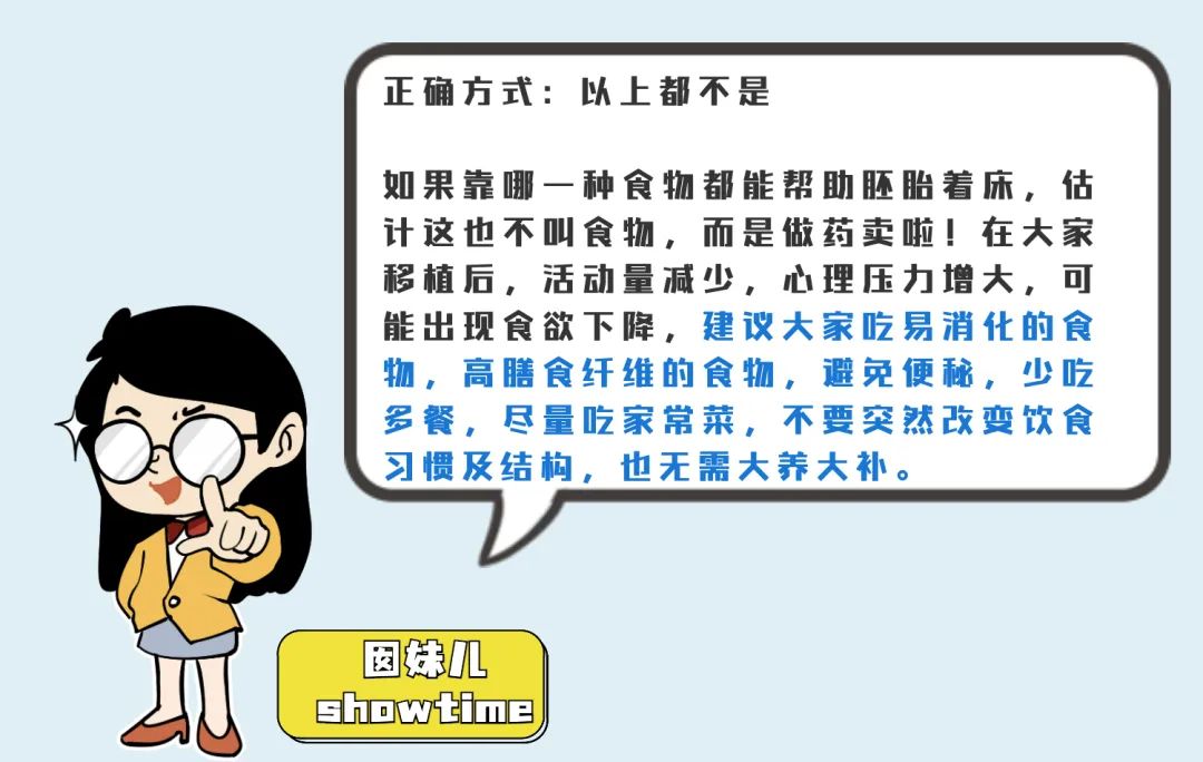 正确方式:上都不是 如果靠哪一种食物都能帮助胚胎着床，估计这也不叫食物，而是做药卖啦!在大家移植后，活动量减少, 心理压力增大，可能出现食欲下降，建议大家吃易消化的食物，高膳食纤维的食物，避免便秘,少吃多餐，尽量吃家常菜，不要突然改变饮食习惯及结构，也无需大养大补。