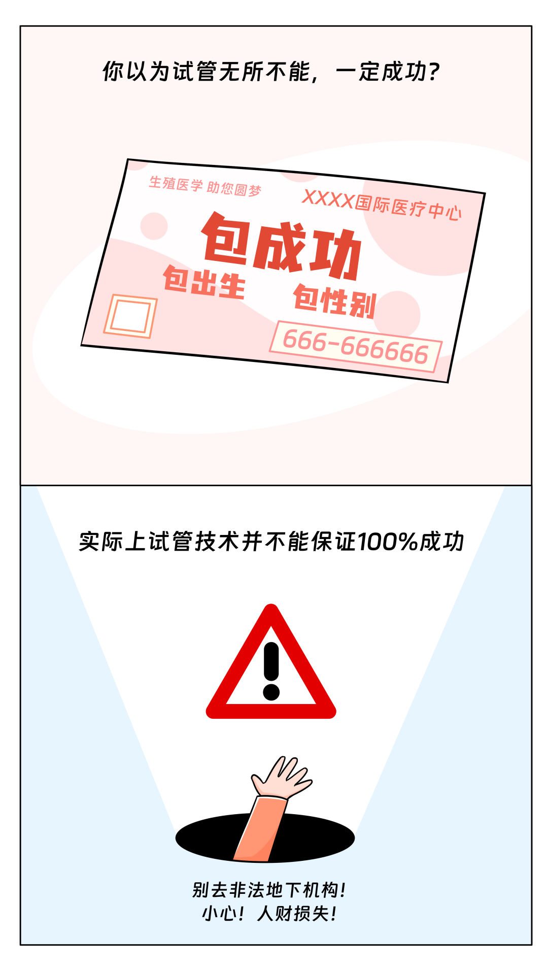 你以为试管无所不能，一定成功；实际上试管技术并不能保证100%成功，别去非法地下机构，小心财产损失