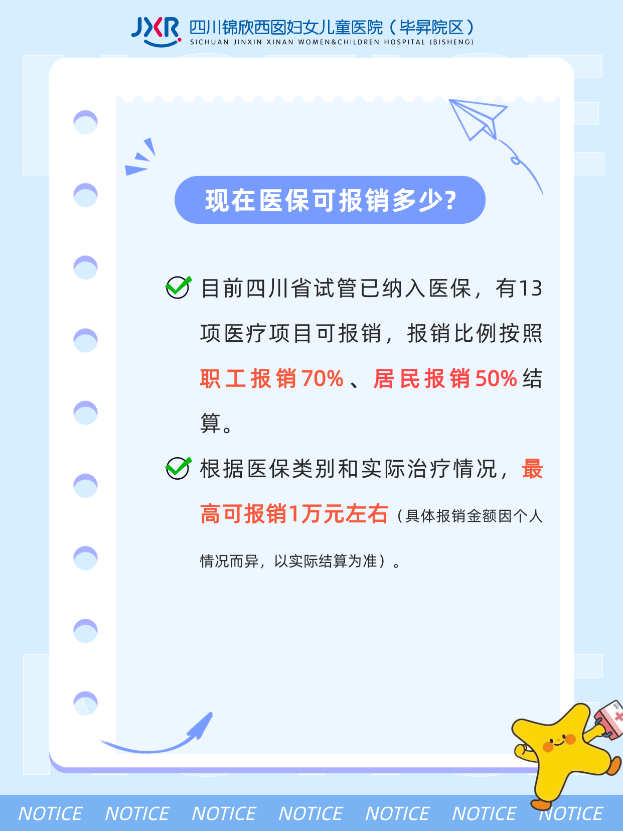 1763363717685998.png 现在医保可报销多少?目前四川省试管已纳入医保,有13项医疗项目可报销,报销比例按照职工报销70%、居民报销50%结算。根据医保类别和实际治疗情况,最高可报销1万元左右(具体报销金额因个人情况而异,以实际结算为准)